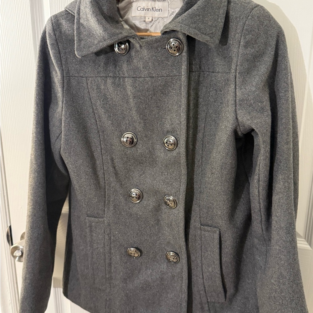Calvin Klein Charcoal Double-Breasted Peacoat with Pockets & Hood